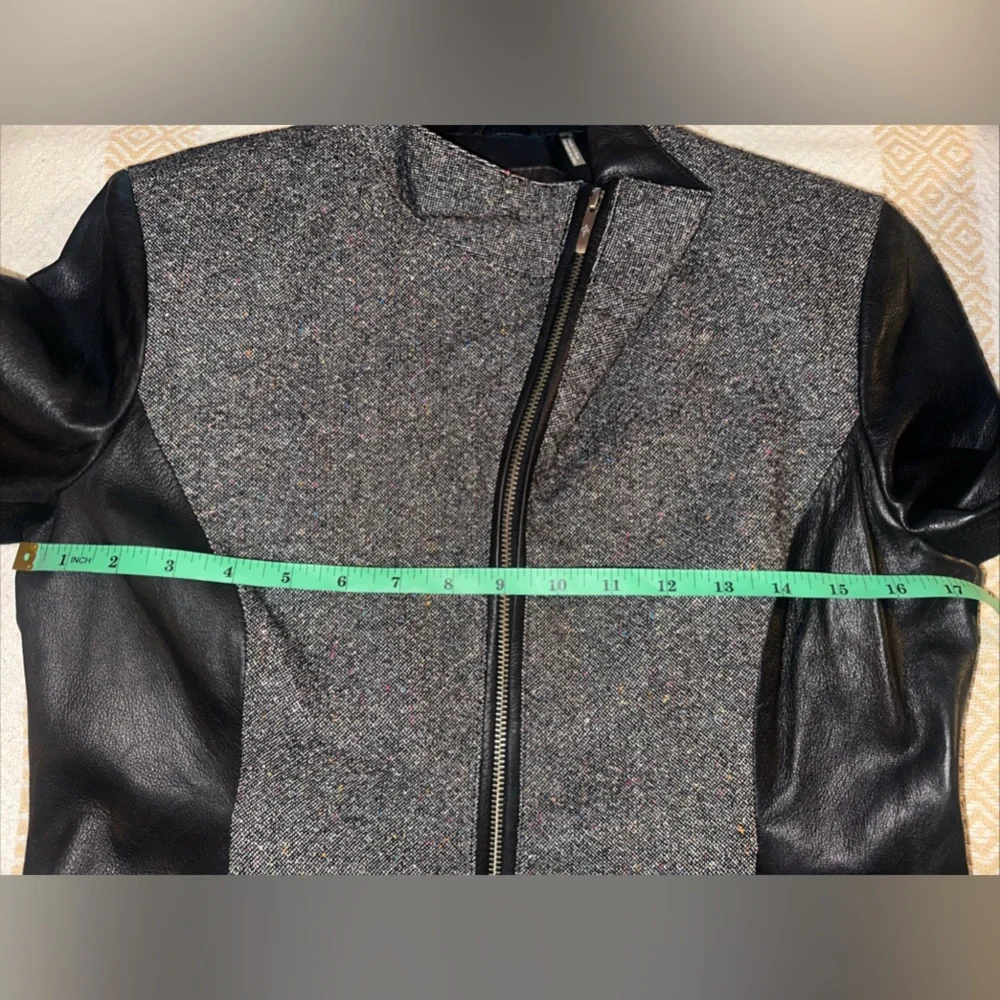 Cole Haan Sz 10 Gray Black Lambskin Leather Wool Blend Tweed Full Zip Jacket - Picture 12 of 14